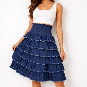 Udel NY Midi Blue Denim Skirt Size S Tiered Ruffle Elastic Waist 100% Cotton EUC